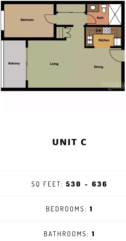 Floor plan for 1 bed, 1 bath, 636 sqft
